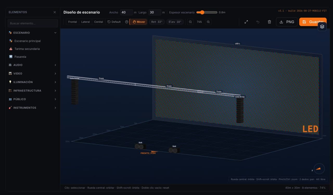 Captura real del diseñador de escenario 3D de ProducerOS con pantalla LED, truss y audio